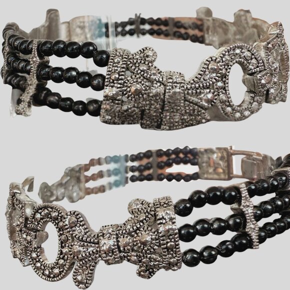 Art Deco Style Beaded Bracelet 7.5in Silver Tone Black Beads Retro - Picture 4 of 10